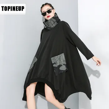

High-collar female Long Sleeve Big pocket High Low Hem Irregular dresses plus size dress
