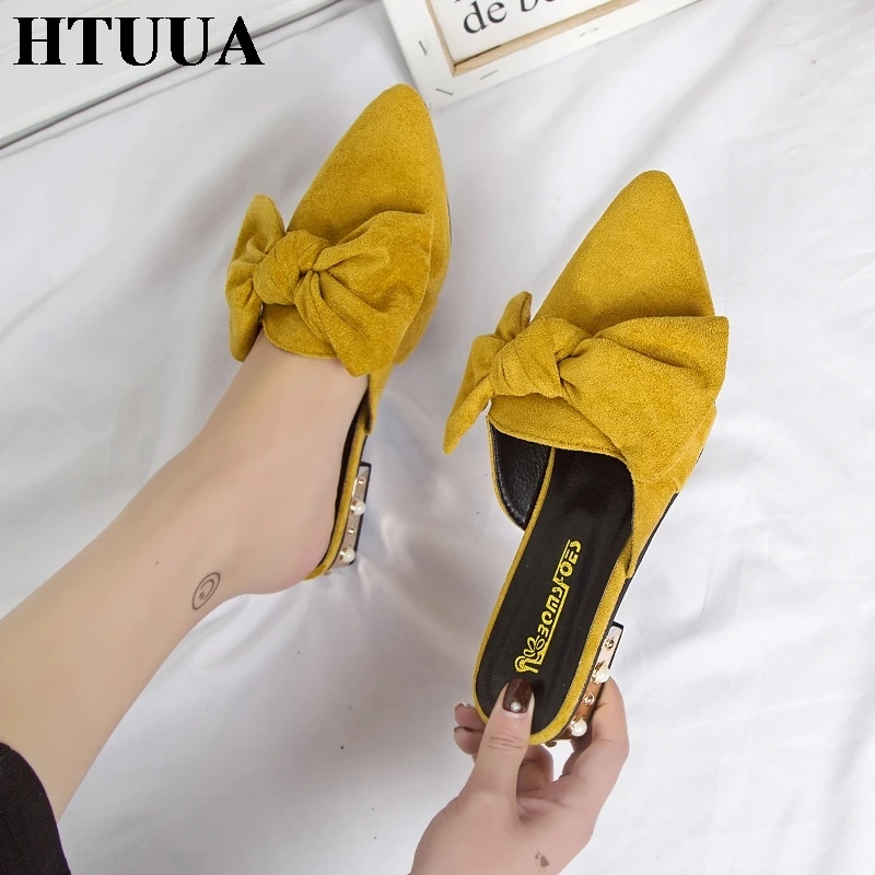 HTUUA/; женские шлепанцы из флока с жемчужным бантом; шлепанцы на плоской подошве; женские летние шлепанцы с острым носком; женские сандалии; SX2382