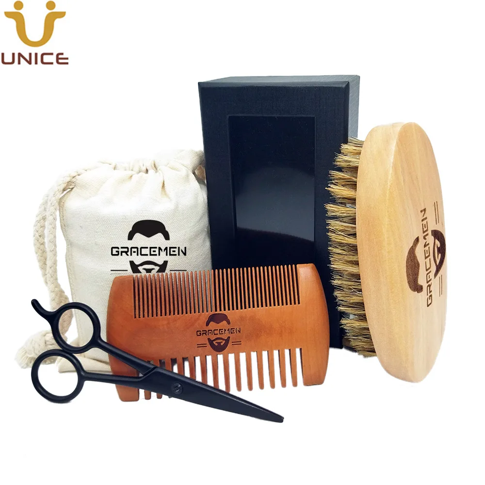 MOQ 100 Sets OEM Custom LOGO Beard Care Kit with Beard Brush and Double Sided Comb and Scissors in Customized Bag & Box