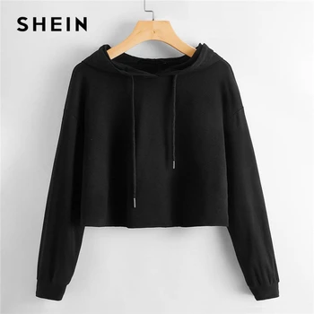SHEIN, укороченная толстовка с открытыми плечами, однотонный пуловер для женщин, с капюшоном, с длинным рукавом, 2020, Осенние повседневные толст...
