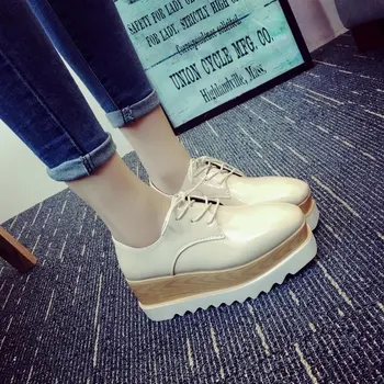 

35-39 Spring Walking Solid Flat Women Shoes Leather Lace-Up Loafers Flat Platforms British Style zapatillas mujer MC-157