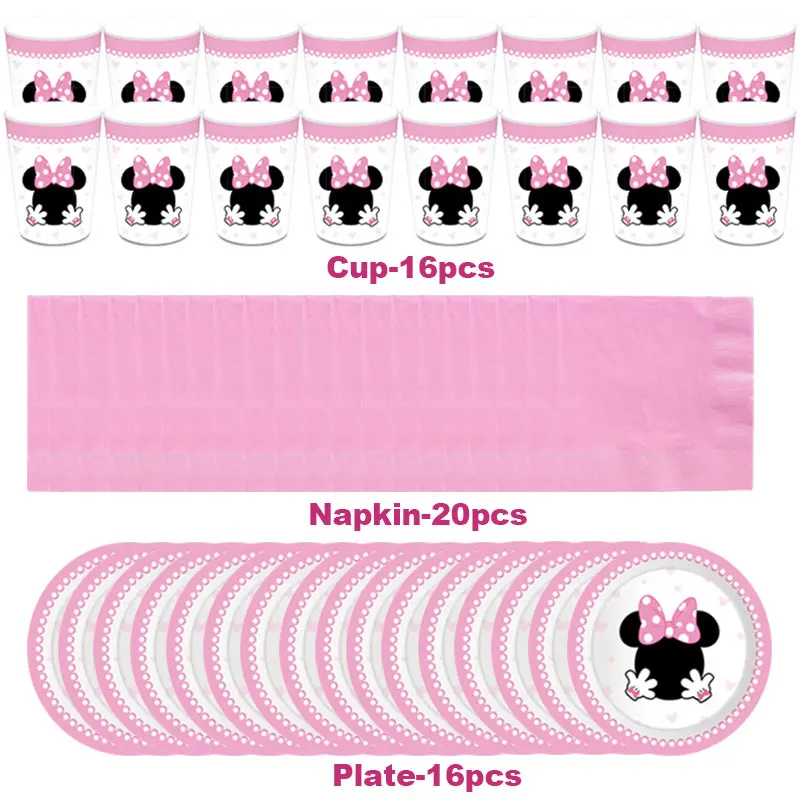 52Pcs/New Disney Pink Minnie Mouse Kids Birthday Party High Quality Paper Cups Baby Shower Decorations Supplies Set Tableware