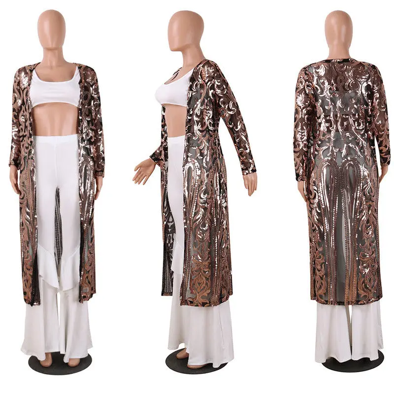 lower price  long coat Women Ladies Sexy Sequin Long Sleeve jacket Spring Autumn tops See-Through vintage elegan