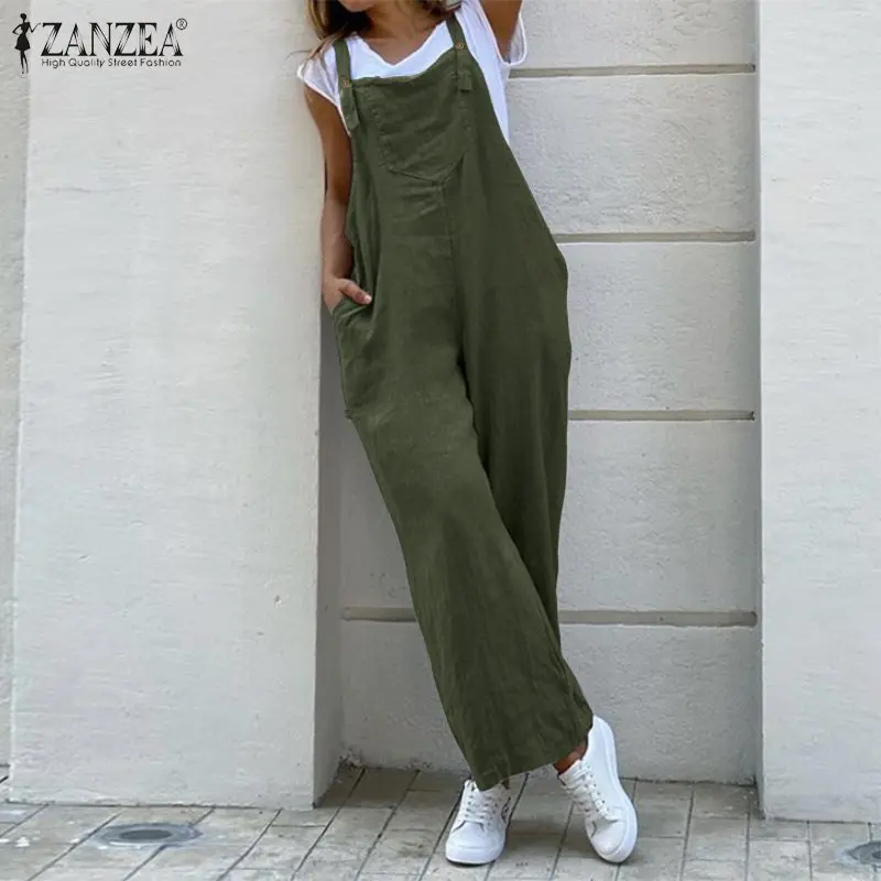 2020 ZANZEA Suspender Jumpsuits Rompers Womens Overalls Vintage Ladies Casual Wide Leg Pants Playsuits Long Pockets Combinaison