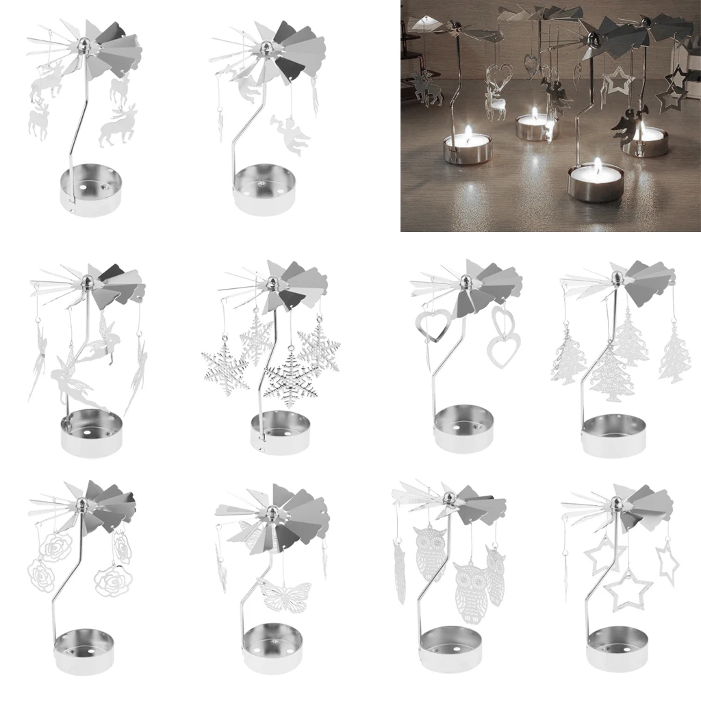 4 Pack Spinning Elk Deer Candle Holder, Silver Plated Metal Cut Tea Light Candle Stick for Tabletop Centerpiece Xmas Decoration