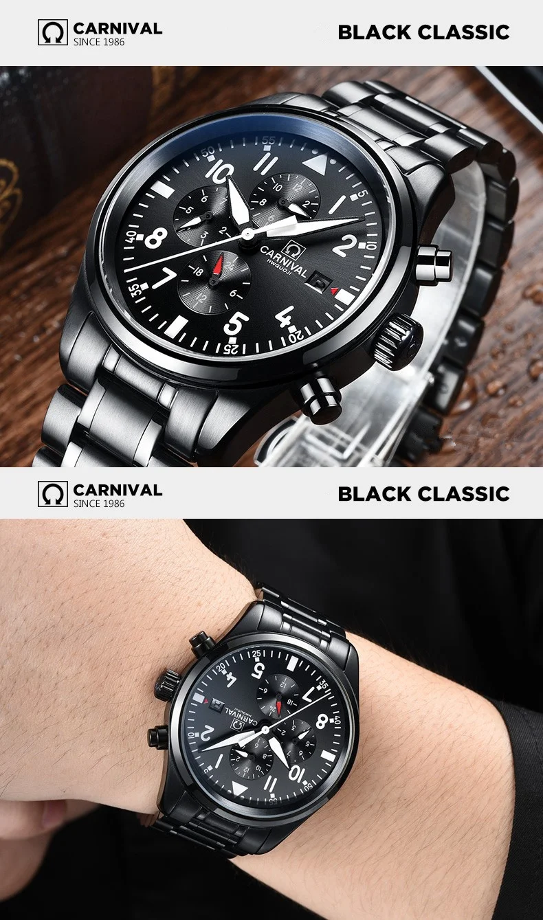 2022 Luxury Brand CARNIVAL Automatic Watch for Men Sapphire Calendar Luminous Stainless Steel Army waterproof Dive Men's Watches