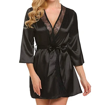 

Women Sexy Sleepwear Lace Bath Robe Quarter Sleeve Ladies Fancy Lingerie Ice Silk Nightdress Nighwear Satin Peignoir 2020