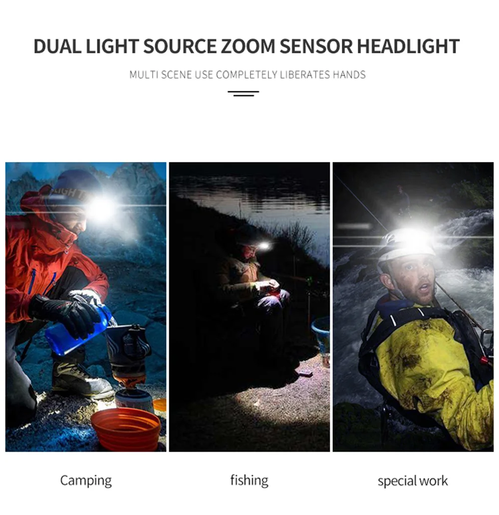 led farol sensor cabeça lâmpada lanterna acampamento 18650 a bateria para a caça
