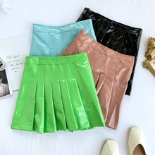 Шикарная юбка из искусственной кожи весна Стиль Элегантные яркие юбки для женщин Высокая талия плиссированные юбки saias faldas