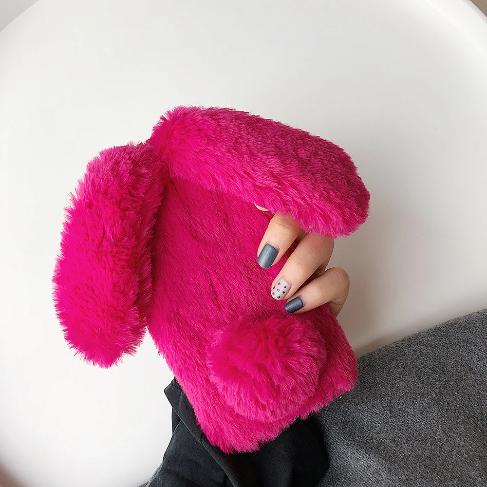 Теплый плюшевый Меховой чехол для iPhone 11 Pro Max 8 7 6 6S Plus 3D милый чехол Кролик Пушистый пушистый мех чехол для телефона для iPhone X XR XS Max - Цвет: Розовый