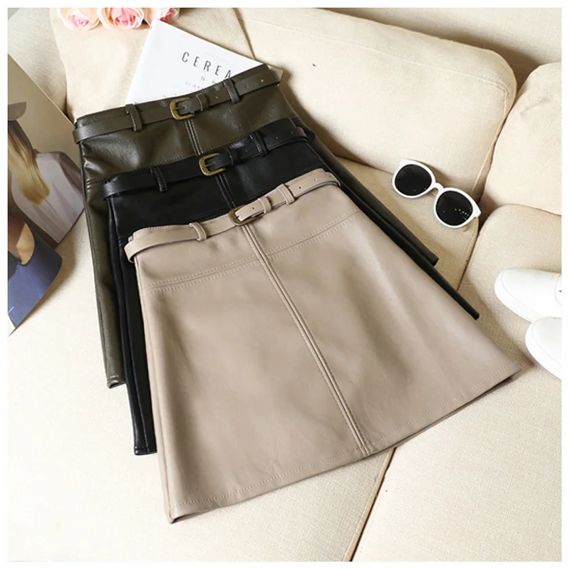 PU Leather Autumn Winter New Women Skirt High Waist Solid Sashes Mini Skirt A-Line Korean Above Knee Skirt