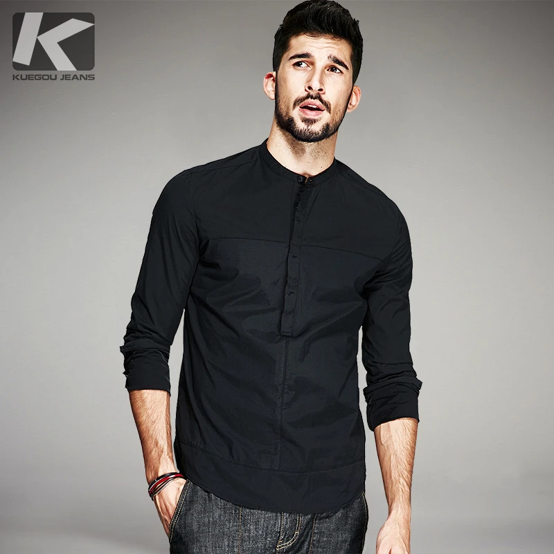 Kuegou Chemise En Coton Noir Pour Homme Vetement De Marque Slim A Manches Longues Avec Support A Boutons Printemps 2021 6139 Aliexpress