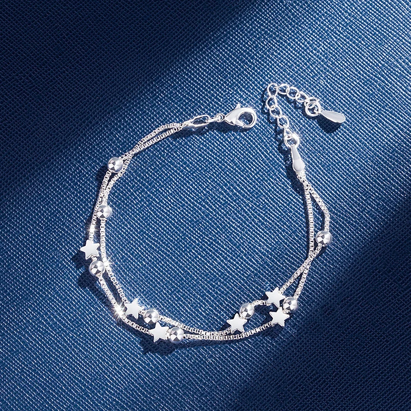 925 Sterling Silver Star Bracelet Double Layers Stars Beads Charm Bracelets  For Women Box Chain Bangles Silver 925 Jewelry - Bracelets - AliExpress