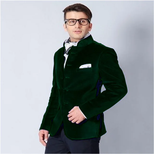 Дизайн, бархатный мужской блейзер со стоячим воротником со штанами, смокинг для жениха, Мужской Блейзер, Женихи, мужские костюмы, мужской свадебный костюм(пиджак+ брюки - Цвет: Зеленый