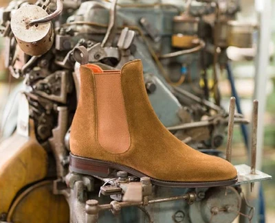 

Handmade Men's Dark Khaki Chelsea Boots Suede Leather Boot Shoes Men Style Shoes Elastic Band Style Boots Low Heel Boots TV910