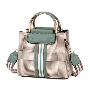 

Designer handbags high quality Pu leather plaid metal handle wide strip Bucket shoulder bag women crossbody bag sac de luxe