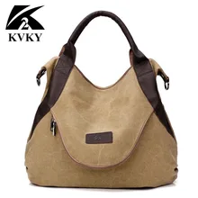 KVKY Brand Large Pocket Casual Tote Women's Handbag Shoulder Handbags Canvas Leather High Capacity Bags for Women Shopping