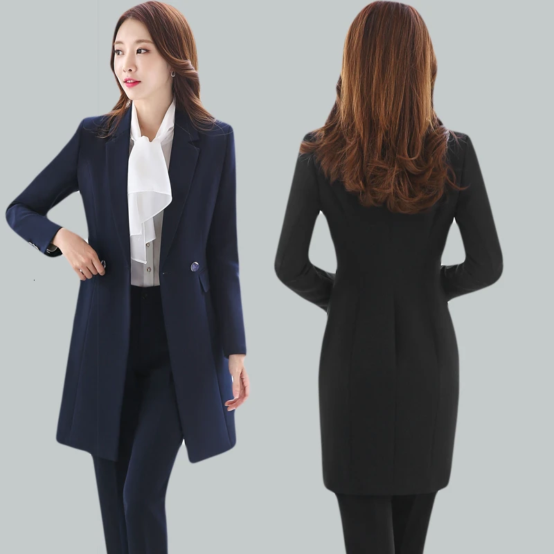 Высокое качество ткани осень зима женские блейзеры костюмы униформа дизайн бизнес дамские офисные костюмы с длинной ветровкой