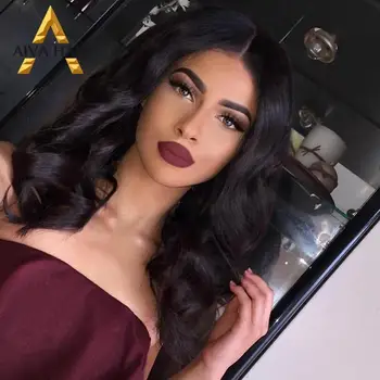 

Aiva Hair High Temperature Synthetic Wigs For Black Women Glueless Body Wave Lace Front Wig Middle Part Cosplay Short Black Wig
