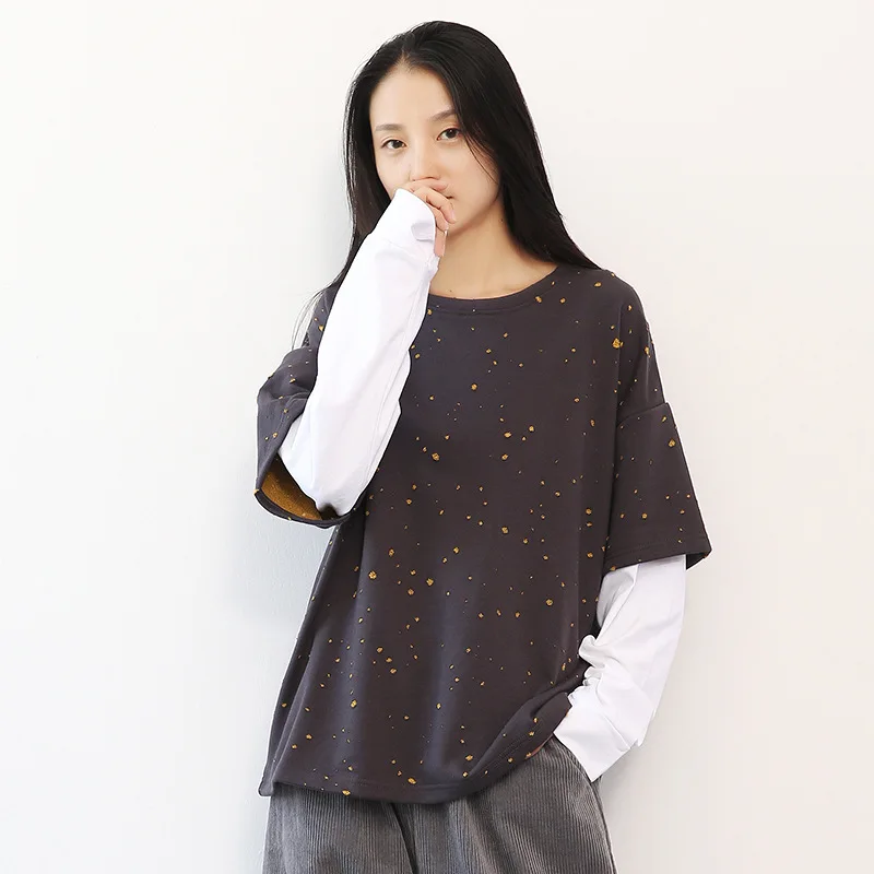 

Johnature Fashion Pullover Sweatshirt For Women Loose 2019 Autumn New O-Neck Long Sleeve Patchwork Mori Girl Casual Sweatshirts