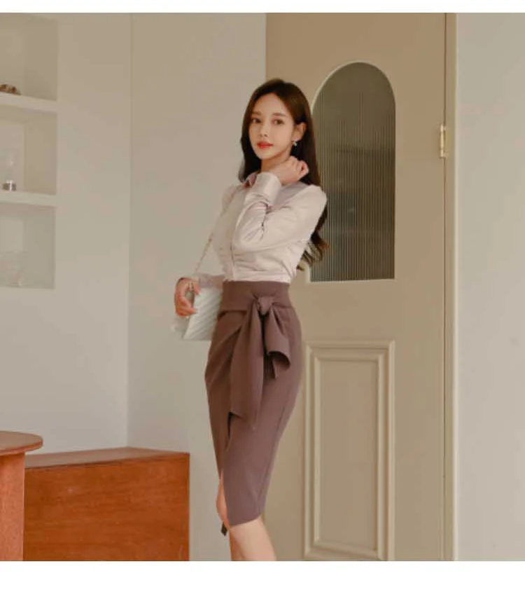 Осенне-зимние модели, Корейская однобортная тонкая рубашка+ кружевная юбка с Боковым Разрезом, однобортная