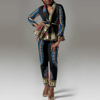 

Women Two Pieces Set Print Vintage with Wasit Belt Tops and Pants Long Sleeves Retro African Ladies 2 Pieces Suit Large Size XXL