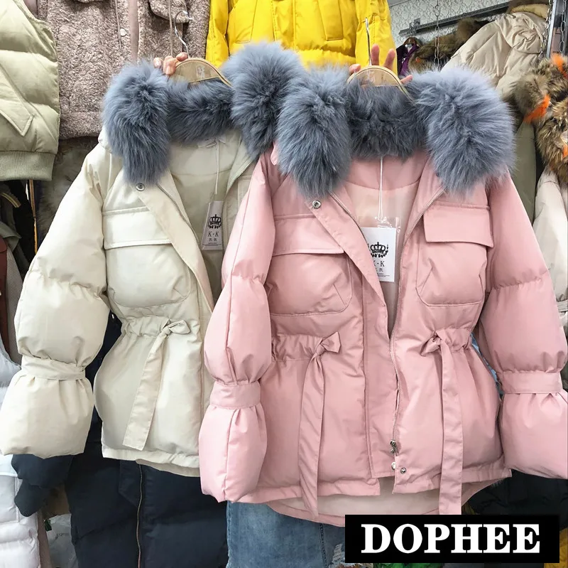 Короткая куртка на подкладке из хлопка Для женщин Зимняя Одежда корейский меховой воротник Плотные пуховики пальто Женская, одноцветная Свободная верхняя одежда