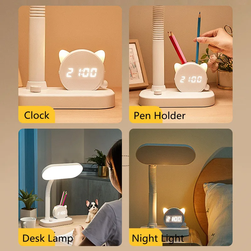 Lampada da scrivania a LED con dimmerazione continua, ricaricabile tramite USB, interruttore tricolore, lampade da comodino con orologio, portapenne, luci notturne_voghion.com