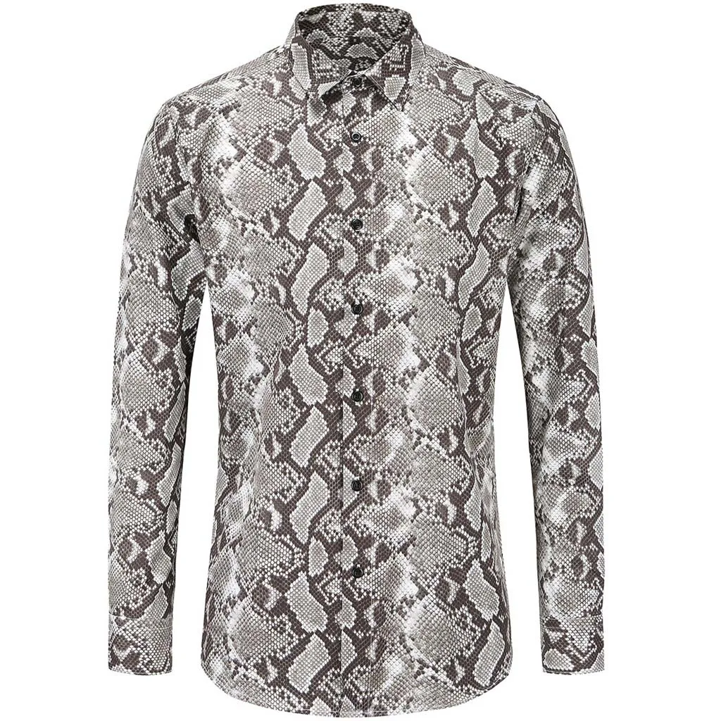 

Vintage Shirt Men Casual Slim Fit Autumn New Fashion Snakeskin Patter Printing Long-sleeved Top Blouse Party Night Shirt Men