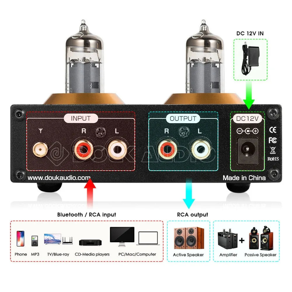 Douk Audio P2 HiFi Vacuum Tube Preamp Bluetooth 5.0 Receiver Stereo Headphone Amplifier USB Music Player