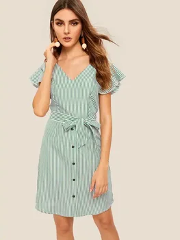 

Europe and America Button Bow Striped Dress