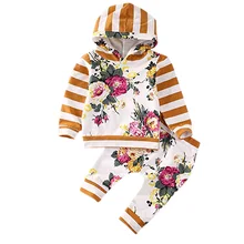 Весенне-осенние комплекты для малышей полосатые толстовки с длинными рукавами и цветочным принтом для маленьких девочек и брюки комплект детской одежды из двух предметов