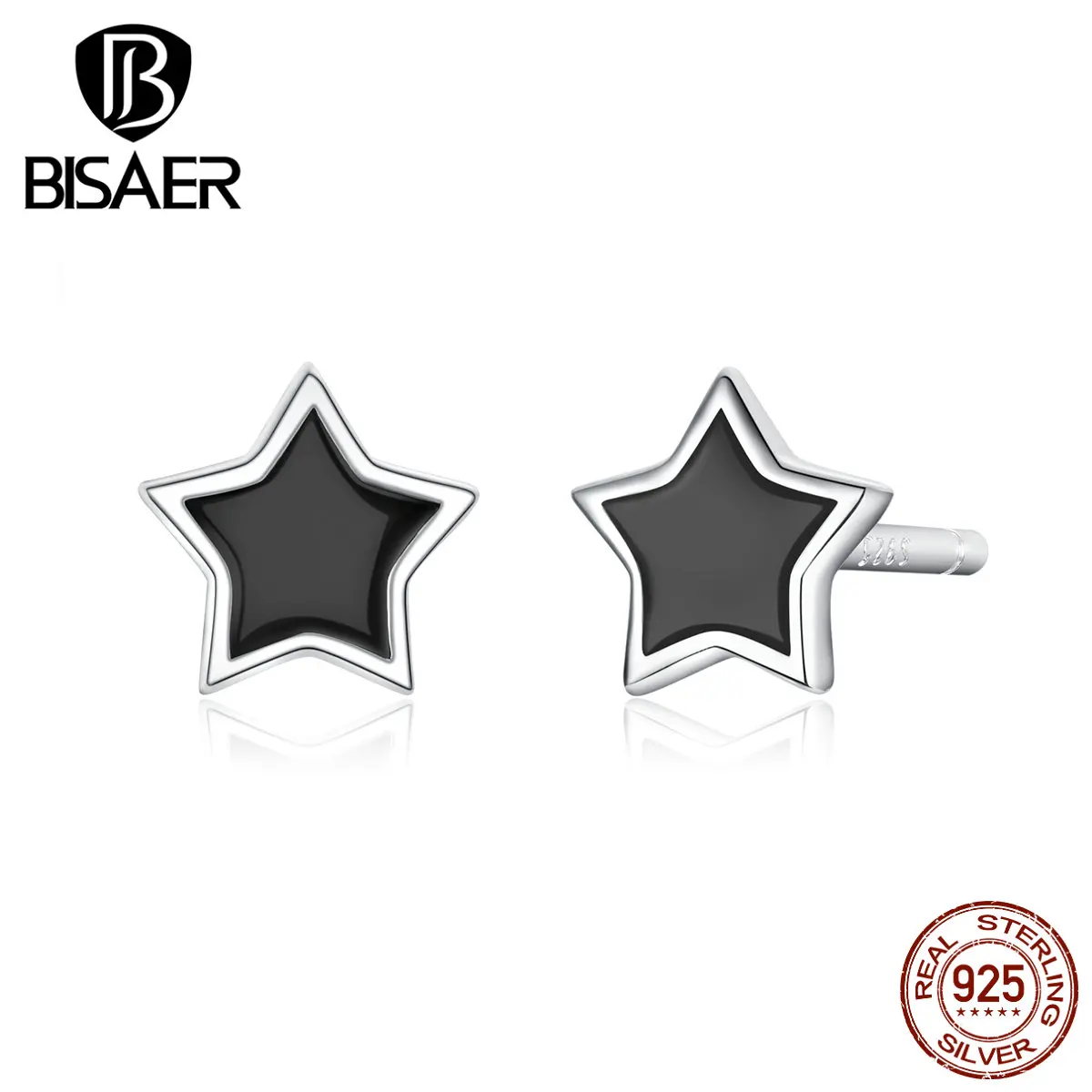 Серьги со звездами BISAER,, 925 пробы, серебро, черная эмаль, серьги-гвоздики со звездами для женщин и мужчин, серебряные ювелирные изделия EFE275