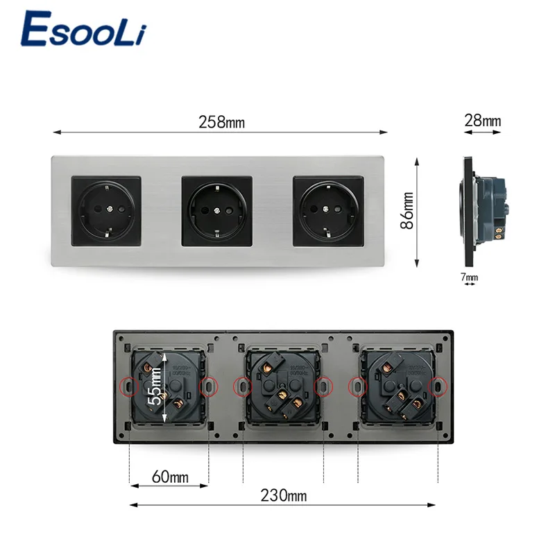 Esooli панель из нержавеющей стали Двухстенная розетка 16A ЕС розетка+ женский ТВ Джек с RJ45 CAT5E Интернет порт серебро