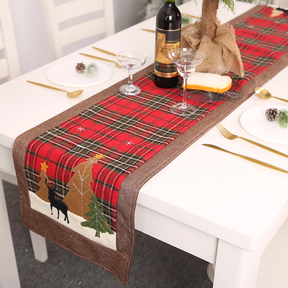 Hot Unique Christmas Tree Elk Printed Lattice Tablecloth Table Mat Cover high quality fabrics Festival New Year Christmas party