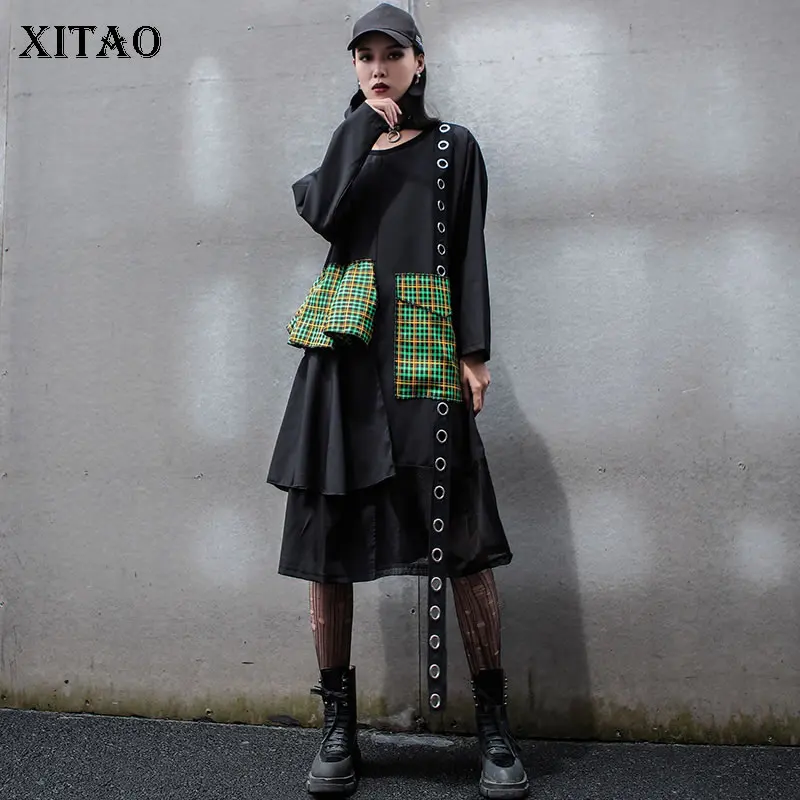 XITAO Tide/Сетчатое платье средней длины в стиле пэчворк с длинным рукавом необычной длины с круглым вырезом в Корейском стиле, свободное Повседневное платье больших размеров ZYQ1946