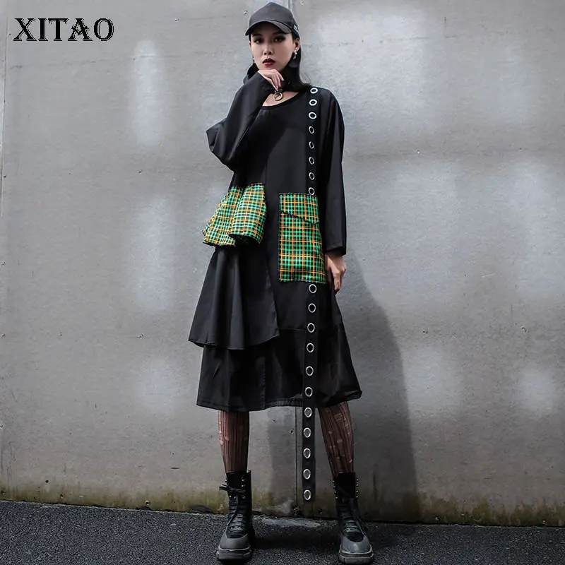 XITAO Tide/Сетчатое платье средней длины в стиле пэчворк с длинным рукавом необычной