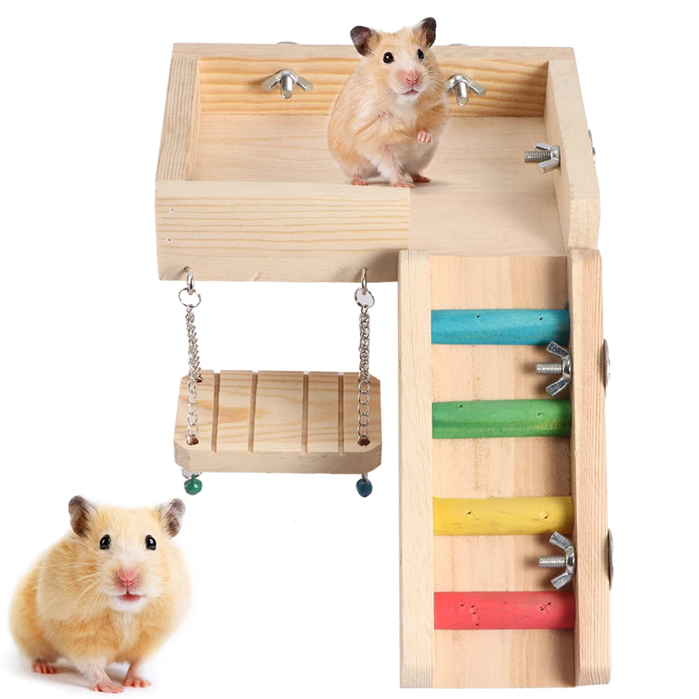 Wood Colorful Parrot Squirrel Ladder Swing Stick Crawling Toy Platform for Pets Tnfeeon Hamster Wooden Springboard 