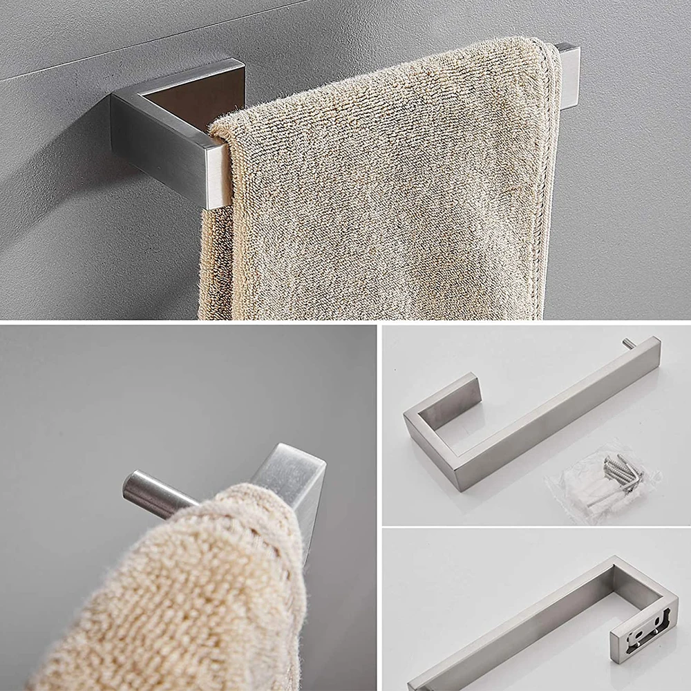 TAICUTE 4Packs Bathroom Accessories Set Towel Bar Hooks Toilet Paper Roll Holder Wall Mount Stainless Steel Hardware Brushed