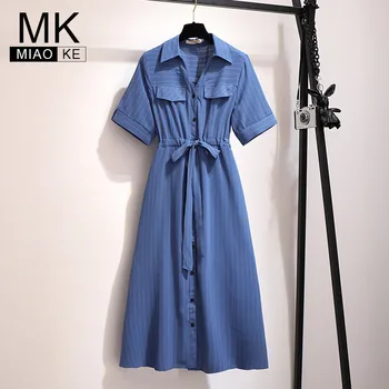 

2020 Summer womens Plus Size Midi Dress fashion Ladies Casual Striped shirt Bandage dresses