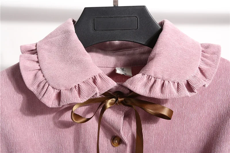 Auumn winter dress women long-sleeved ruffled bow corduroy dress french style vintage elastic waist single-breasted dress female