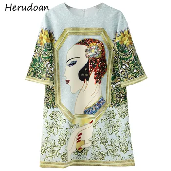 

Herudoan Fashion Runway Summer Dress Women Short Sleevele Beading Sequined Print Vintage Ladies Loose Mini Dresses Vestido