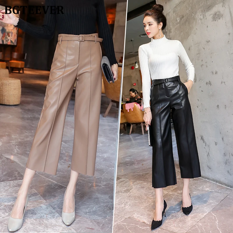 BGTEEVER Black Pu Leather Pants Women High Waist Belted Faux Leather Trousers Female Wide Leg Pants pantalon femme