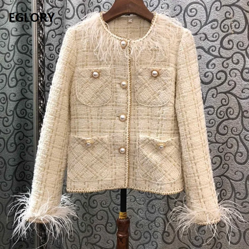 

High Quality Wool Jacket 2019 Autumn Winter Wool Outerwear Coats Women Beading Button Feather Birds Patchwork Vintage Tops Coat