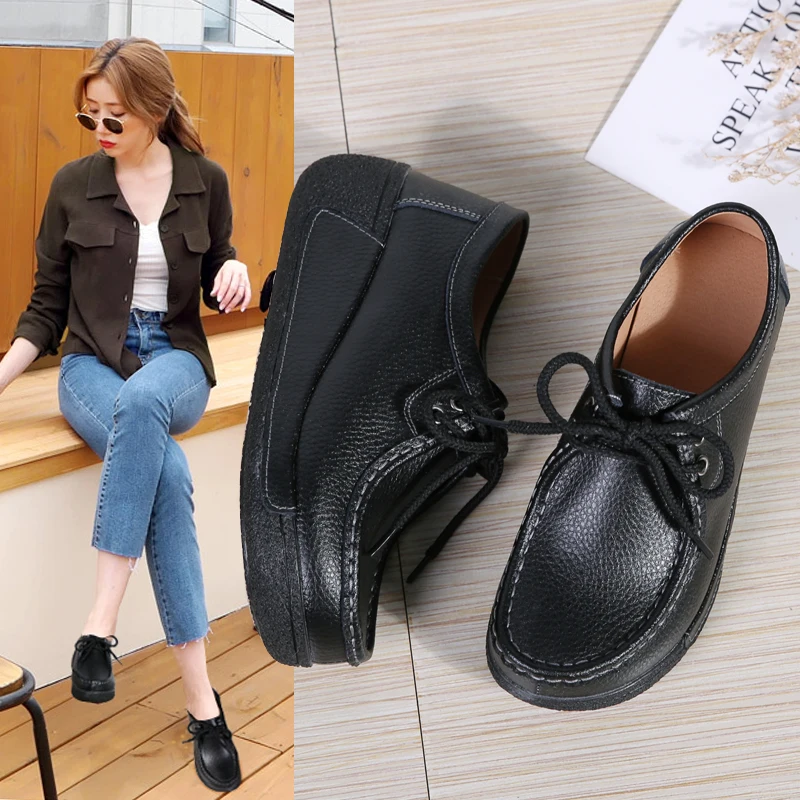 Woman Breathable Leather Lace-up Sneakers Women Fashion Black Soft Casual Shoes Female Women Flats Comfortable Loafers Shoes women loafers