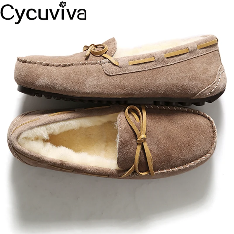 New Bow Wool Boots For Women Concise Slip On Casual Flat Shoes Woman Comfy Warm Runway Ankle Boots Natural Fur Winter Shoes
