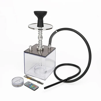 

High Quality Transparent Smoking Acrylic Aluminium Alloy Square Chicha Bottle Retail Cube Shisha Hookah Sets With LED Light