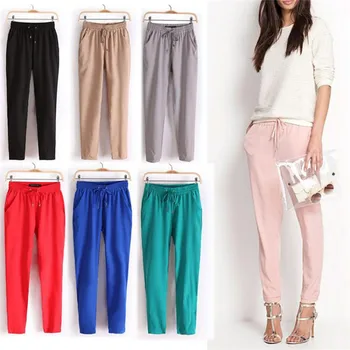 

VISNXGI Women Chiffon Pants Sashes Pant Rainbow Candy Color Harem Pockets Drawstring Ankle Length Elastic Pleated Mujer Trousers