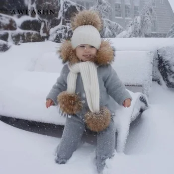 

2019 Winter Children Raccoon Fur Pompom Knit Beanies Hat Scarf 2 Pieces Set Boy Girl Soft Cap Scarves Baby Wool Kids Bone cute