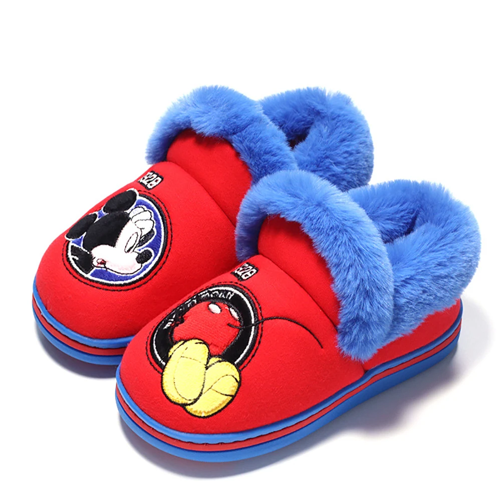 Disney Cartoon Children Home Cotton Slippers For Kid Boys Mickey Mouse Print Flat Floor Fleece Shoes Students Warm Plush Winter